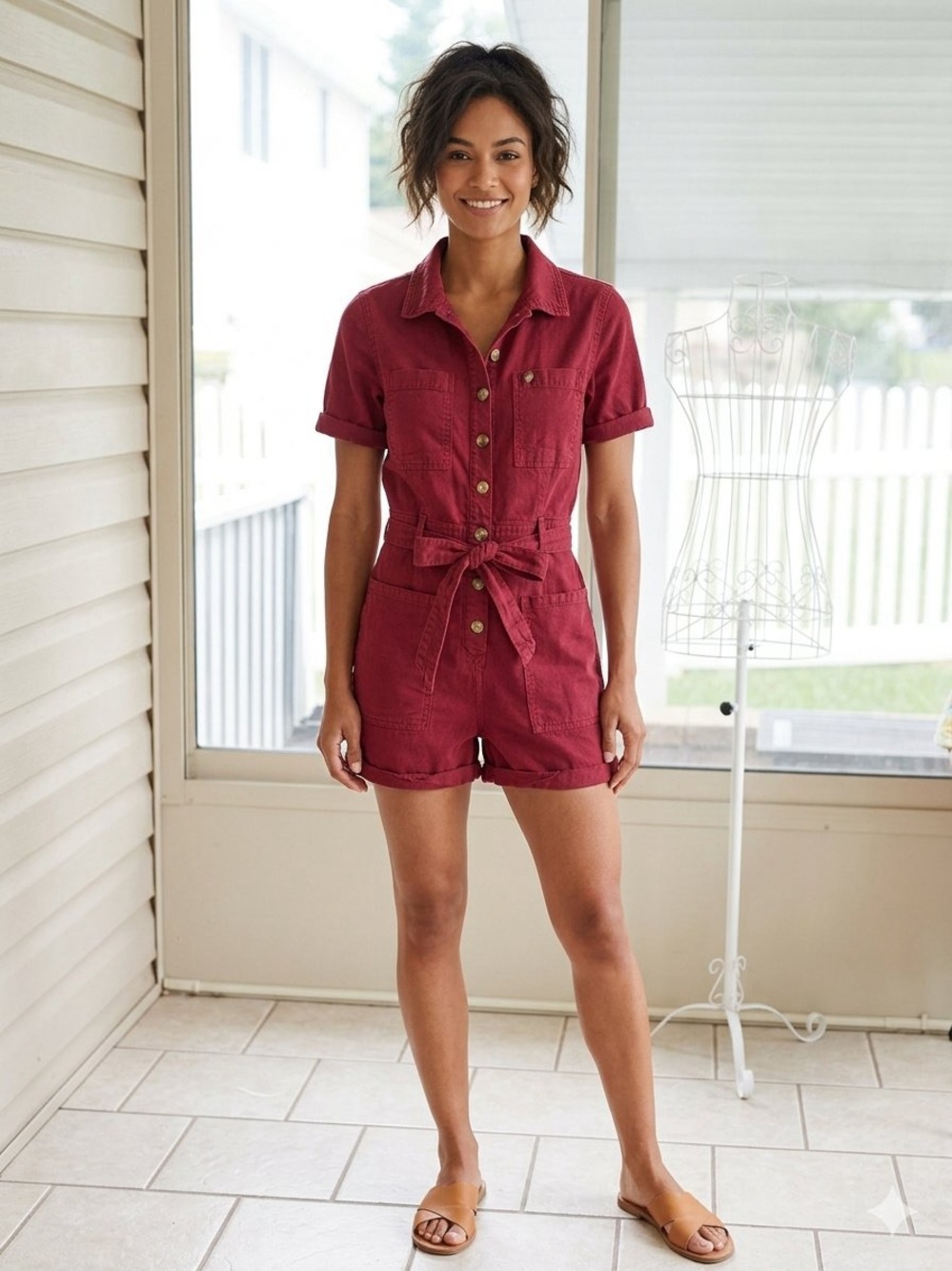 Urban Outfitters Burgundy Tie-Waist Short Romper